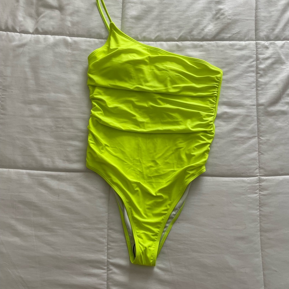 SzM neon green bathing suit, one shoulder strap